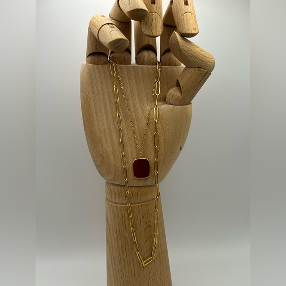 Red & Gold Elegant Pendant Layered Necklace, Red Natural Stone Pendant Necklace - Picture 6 of 14